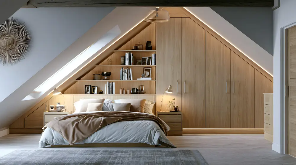 Loft bedroom with fitted wardrobes and shelving built under a sloping ceiling