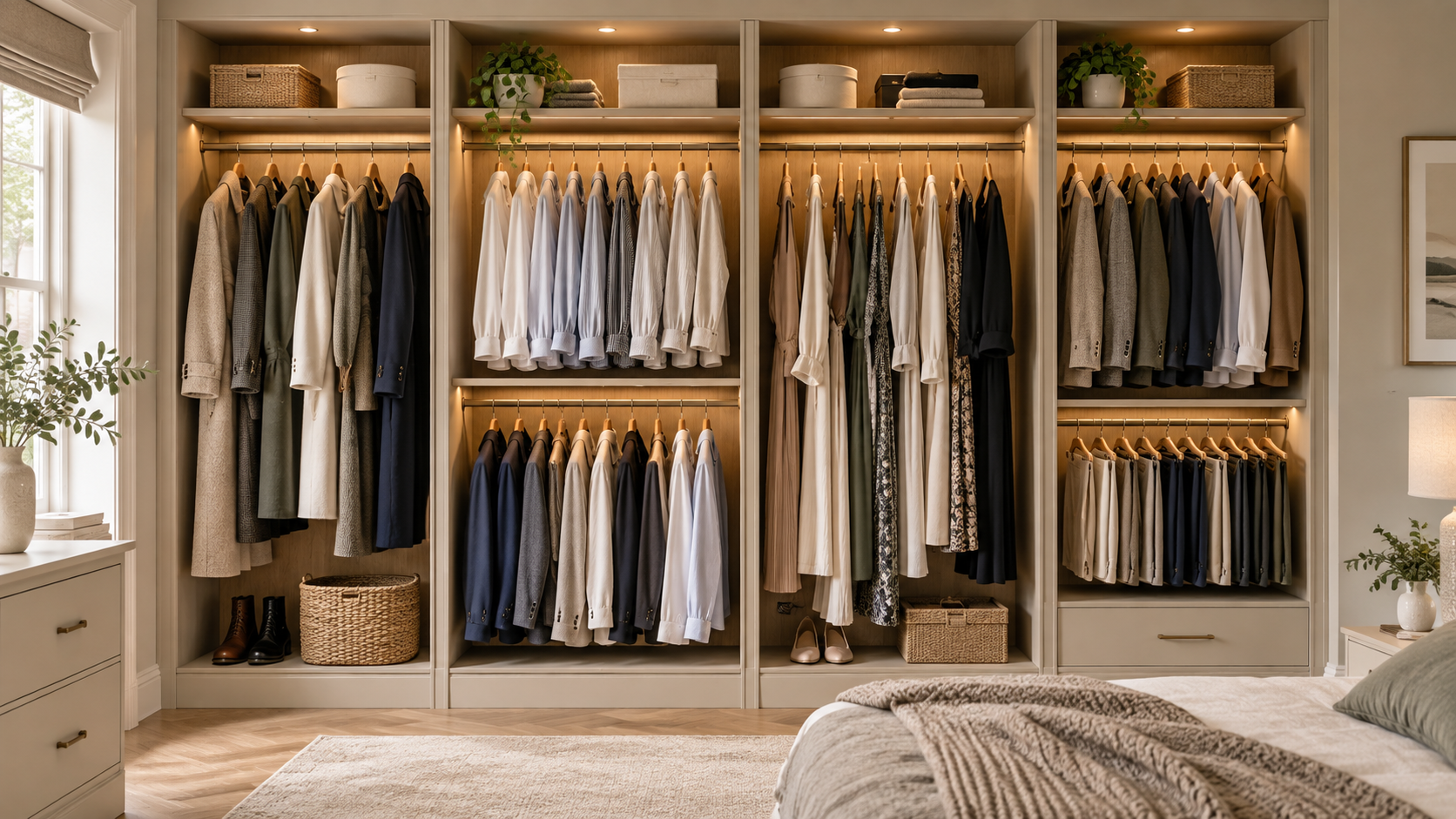 Full-height and double hanging rails inside a fitted wardrobe