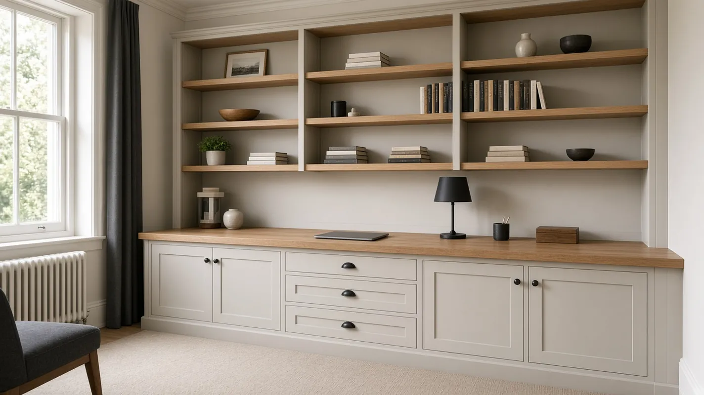 Illustration of a made-to-measure home office with desk, shelving and cupboards