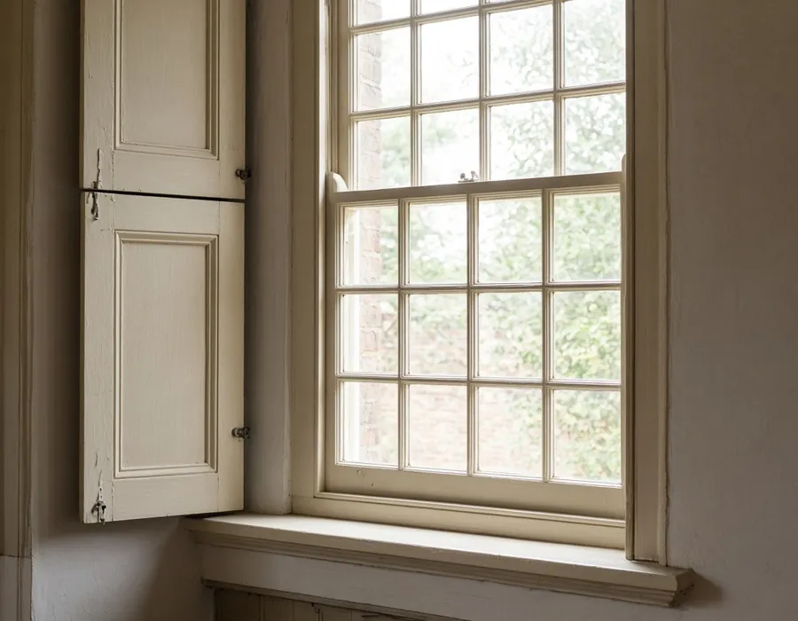 Illustration of a restored painted timber sash window seen from inside a period room