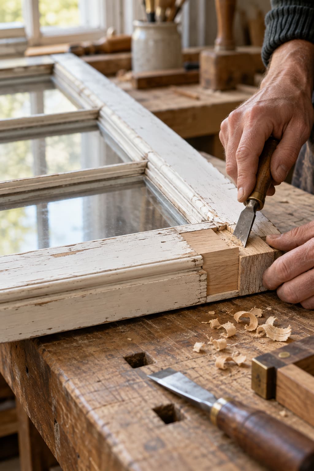 Joiner repairing a painted timber window frame at a workshop bench