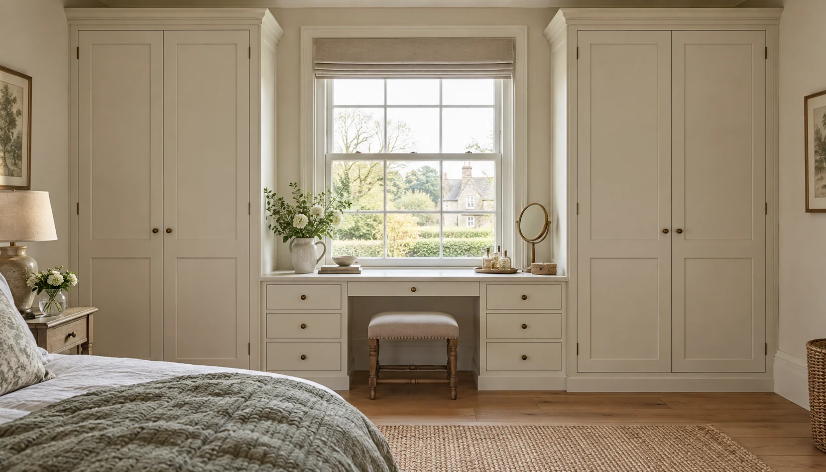 Illustration of a dressing room with fitted wardrobes around a window